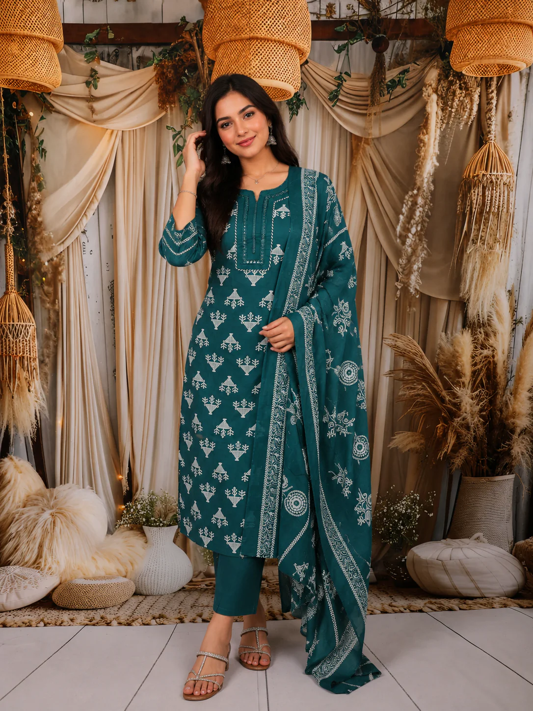Teal Green Motif Printed Cotton Salwar Suit with Dupatta
